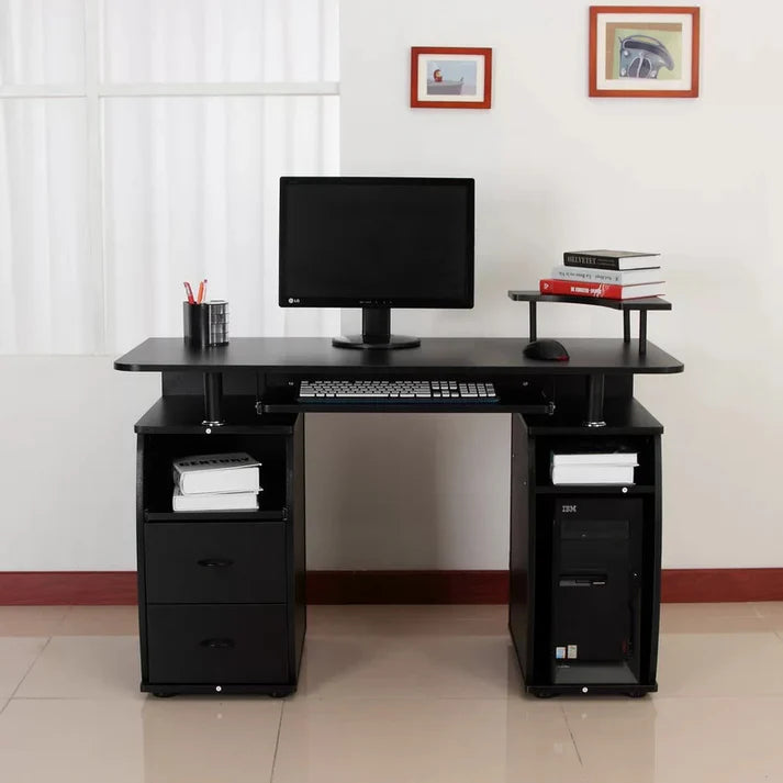 Office Computer Table manufactured wood base with Dual Storage Cabinets and Elevated Adjustable Monitor Shelf