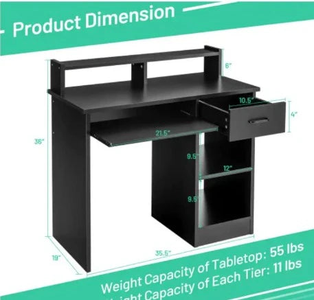 Office Computer Table made from engineered wood included Hutch Drawer with 2 Open adjustable shelf