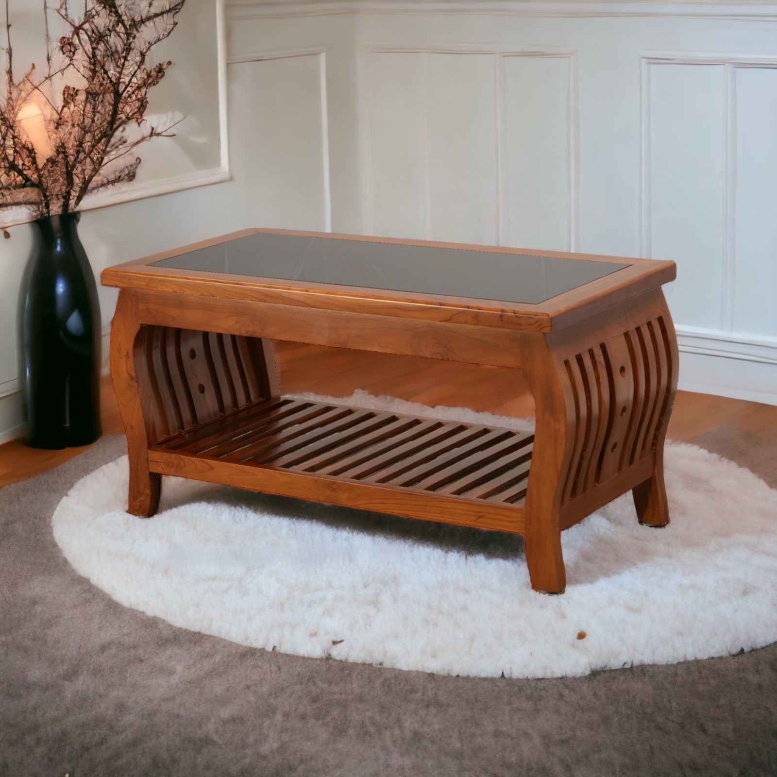 Center Coffee Table Made with Teak Wood & Glass Top With Melamine Polish