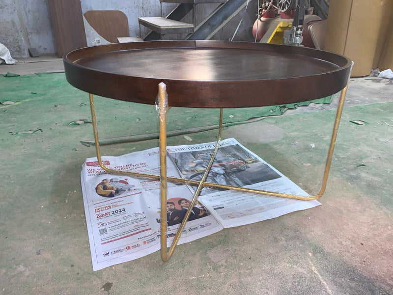 Metal Frame Legs Base Wooden Round Coffee Table - Walnut & Gold