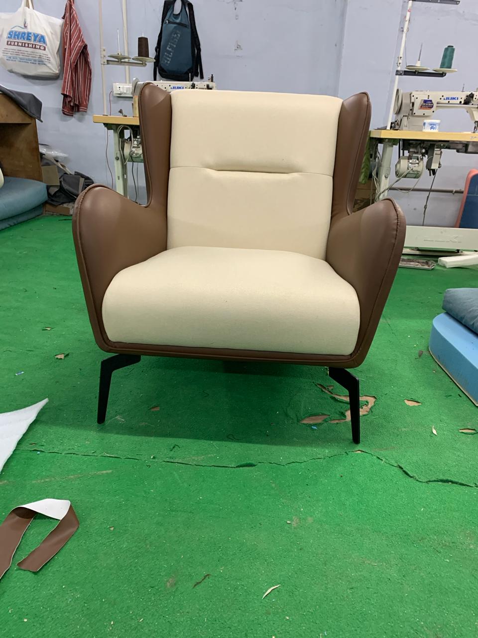 Fabric and Leather Lounge Chair with Metal Legs