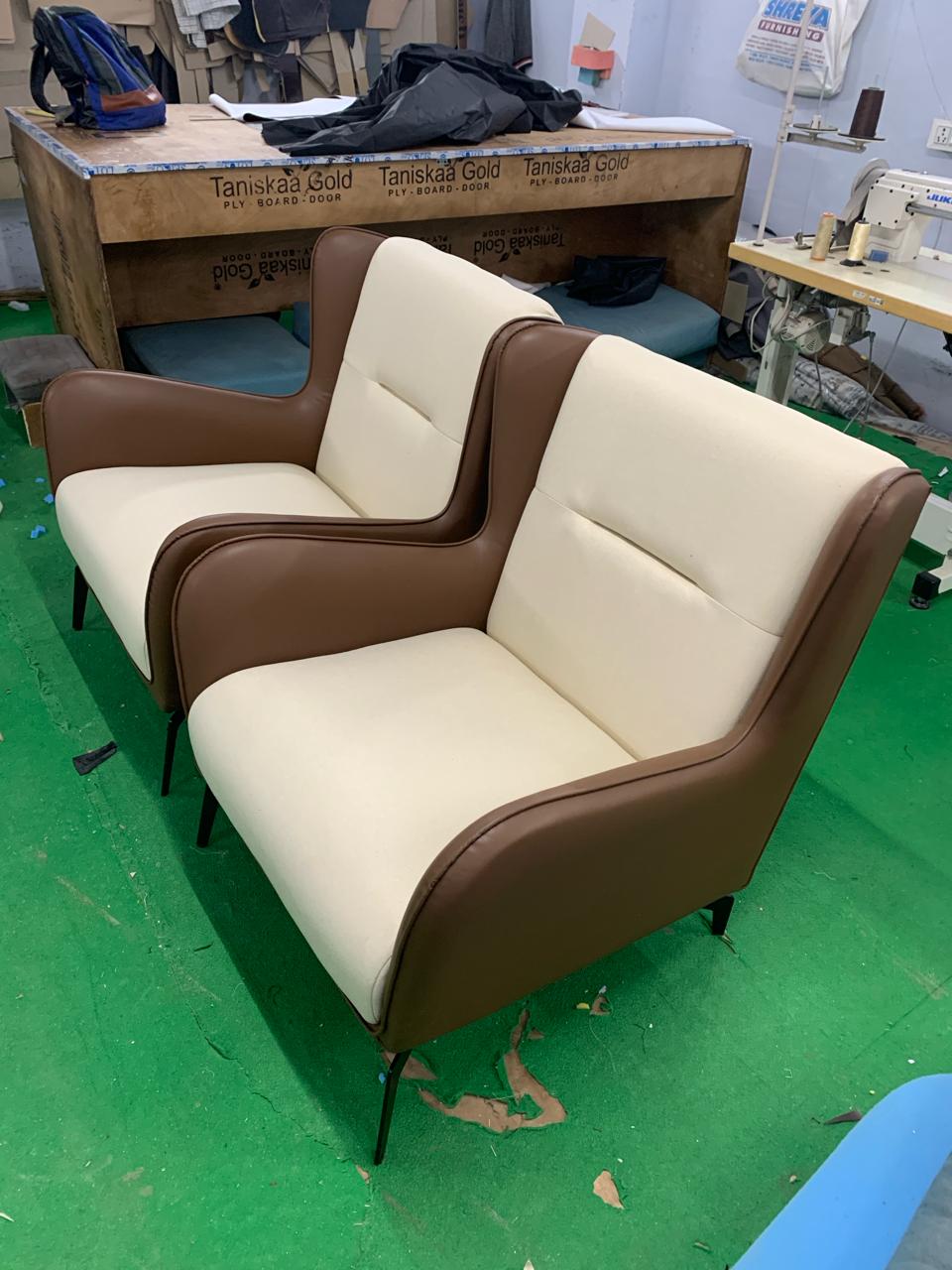 Fabric and Leather Lounge Chair with Metal Legs