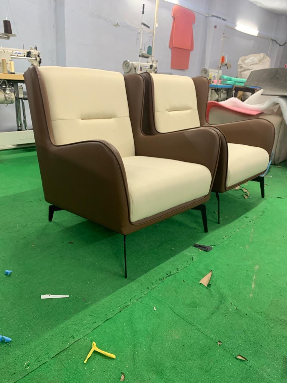 Fabric and Leather Lounge Chair with Metal Legs