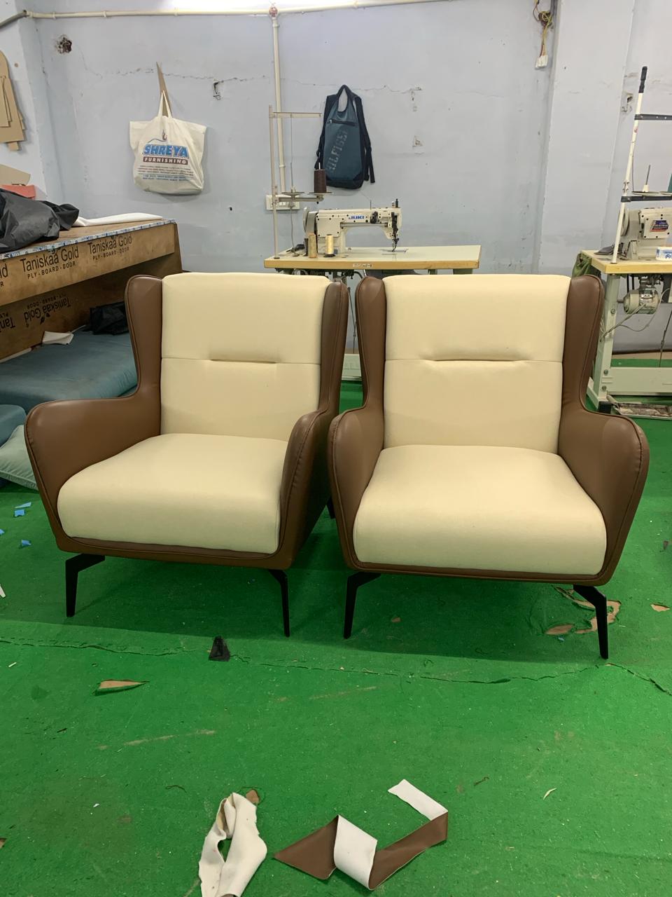 Fabric and Leather Lounge Chair with Metal Legs