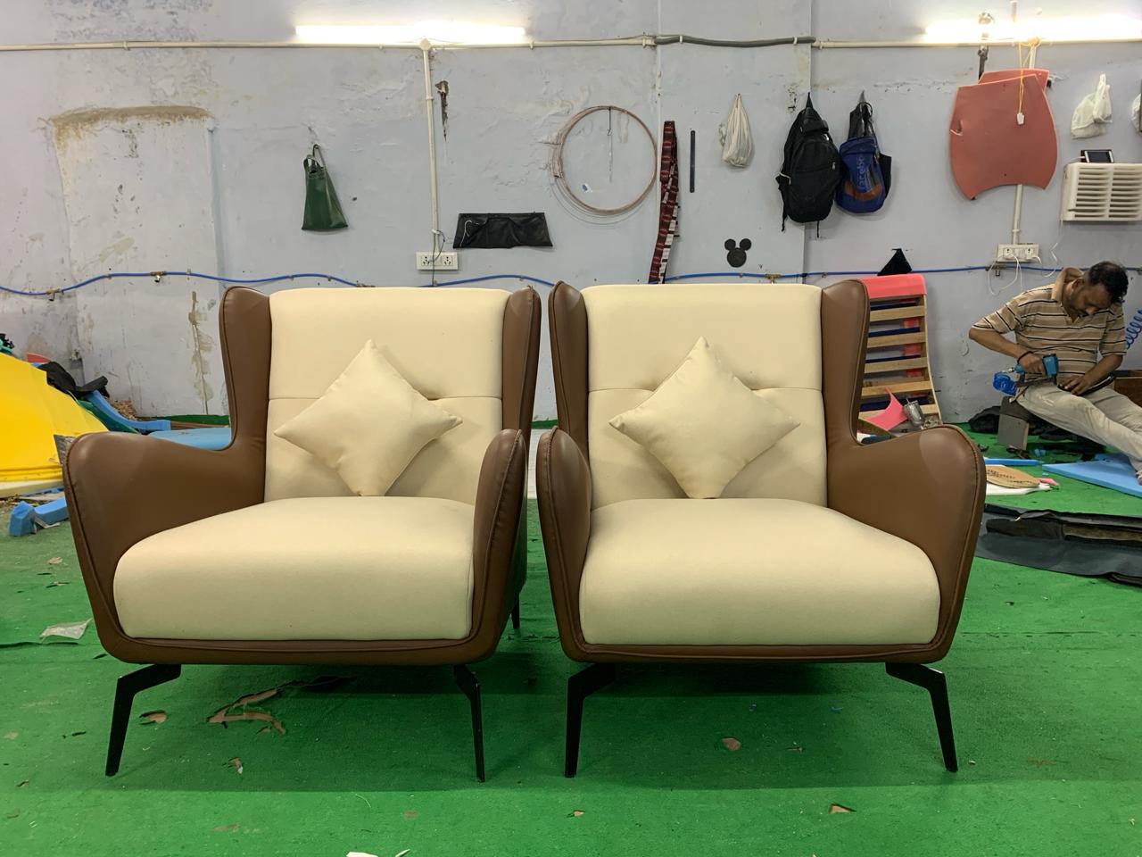 Fabric and Leather Lounge Chair with Metal Legs