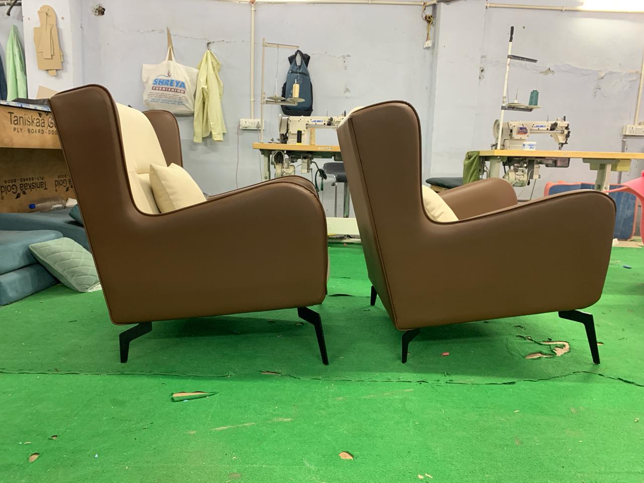 Fabric and Leather Lounge Chair with Metal Legs