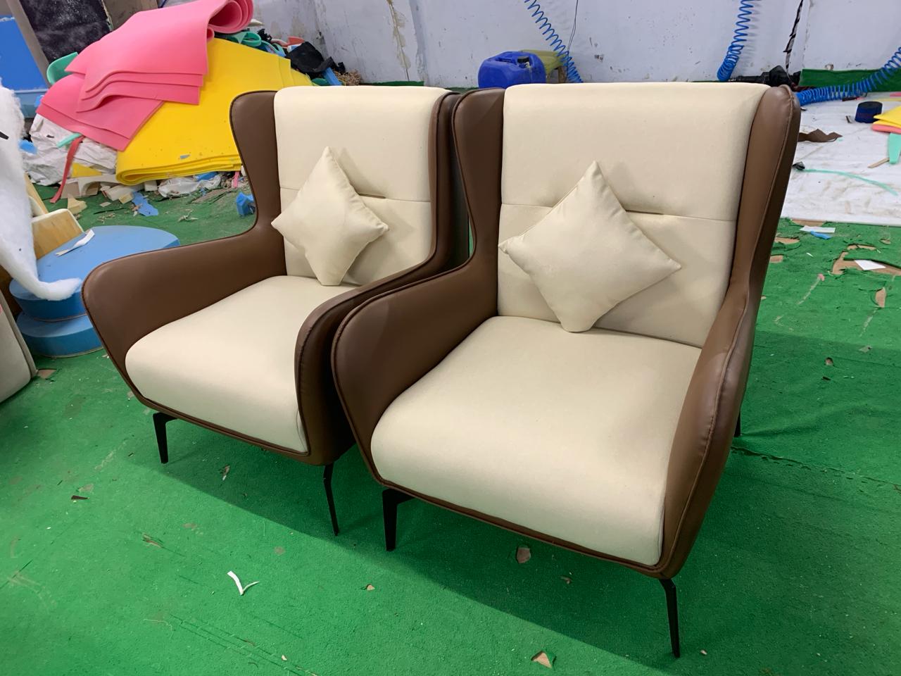 Fabric and Leather Lounge Chair with Metal Legs