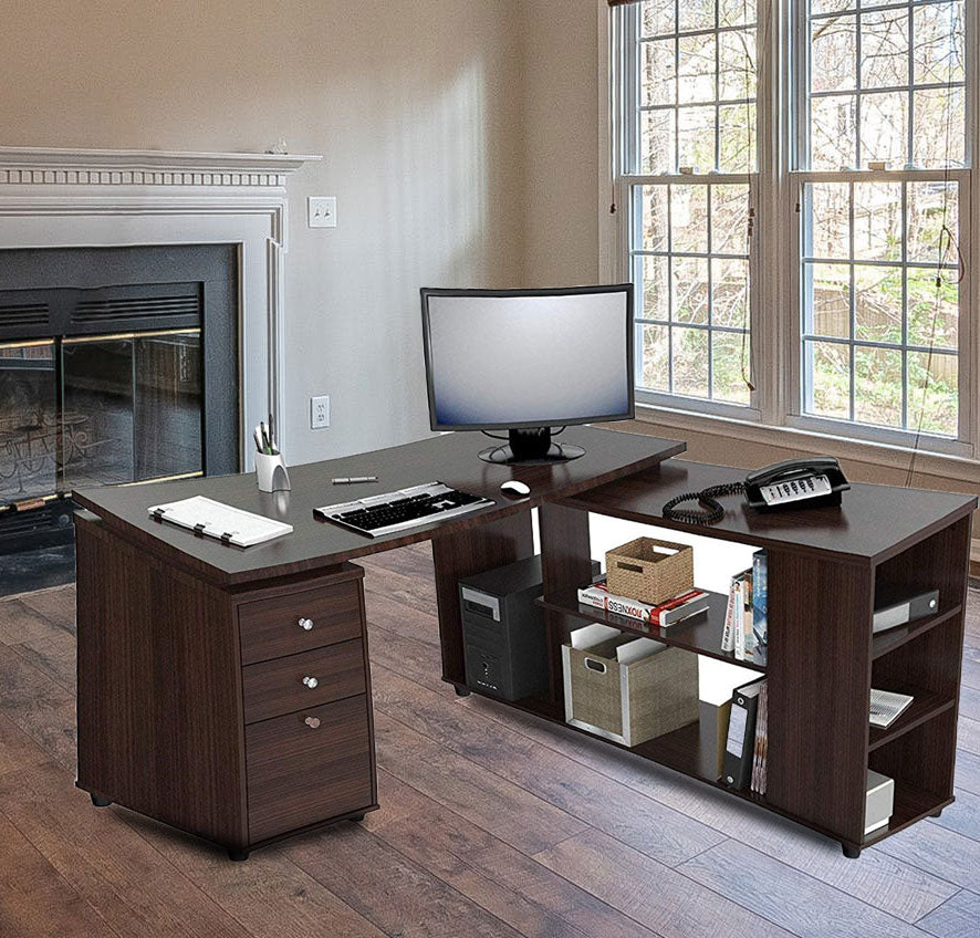 Computer Study Table with Side Shelves & Drawers in Wooden L-shaped