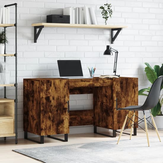 Office Computer table made in MDF with Veneer and Polish Wooden, 2 Doors with one wire manager - Natural Teak