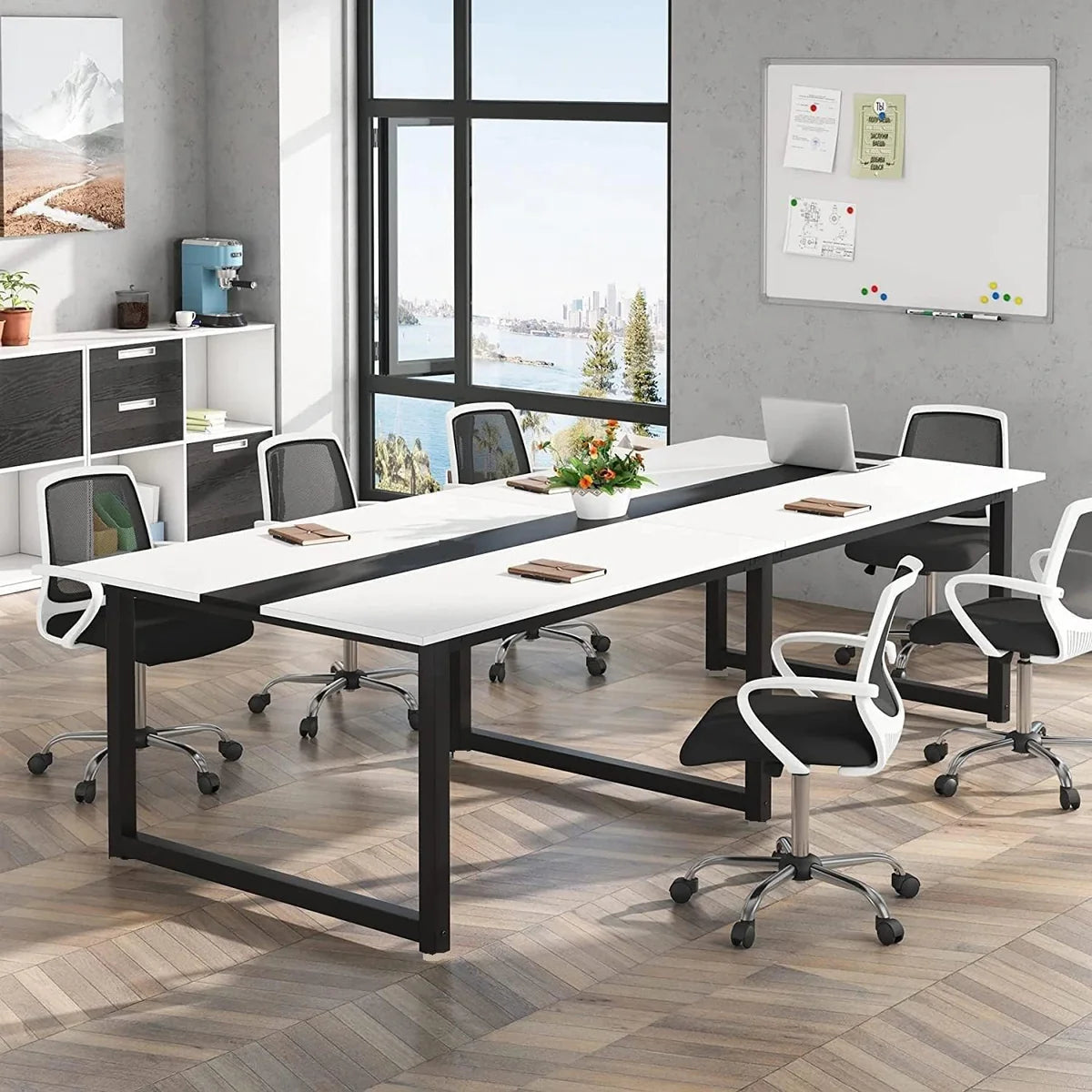 Conference Table with 6 chair Finish in Balck & White with Metal Base