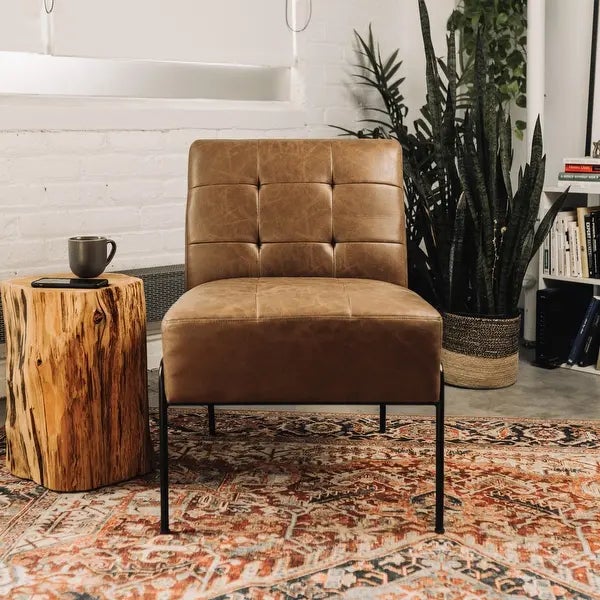 Armless Tufted Brown Chair With Metal Legs