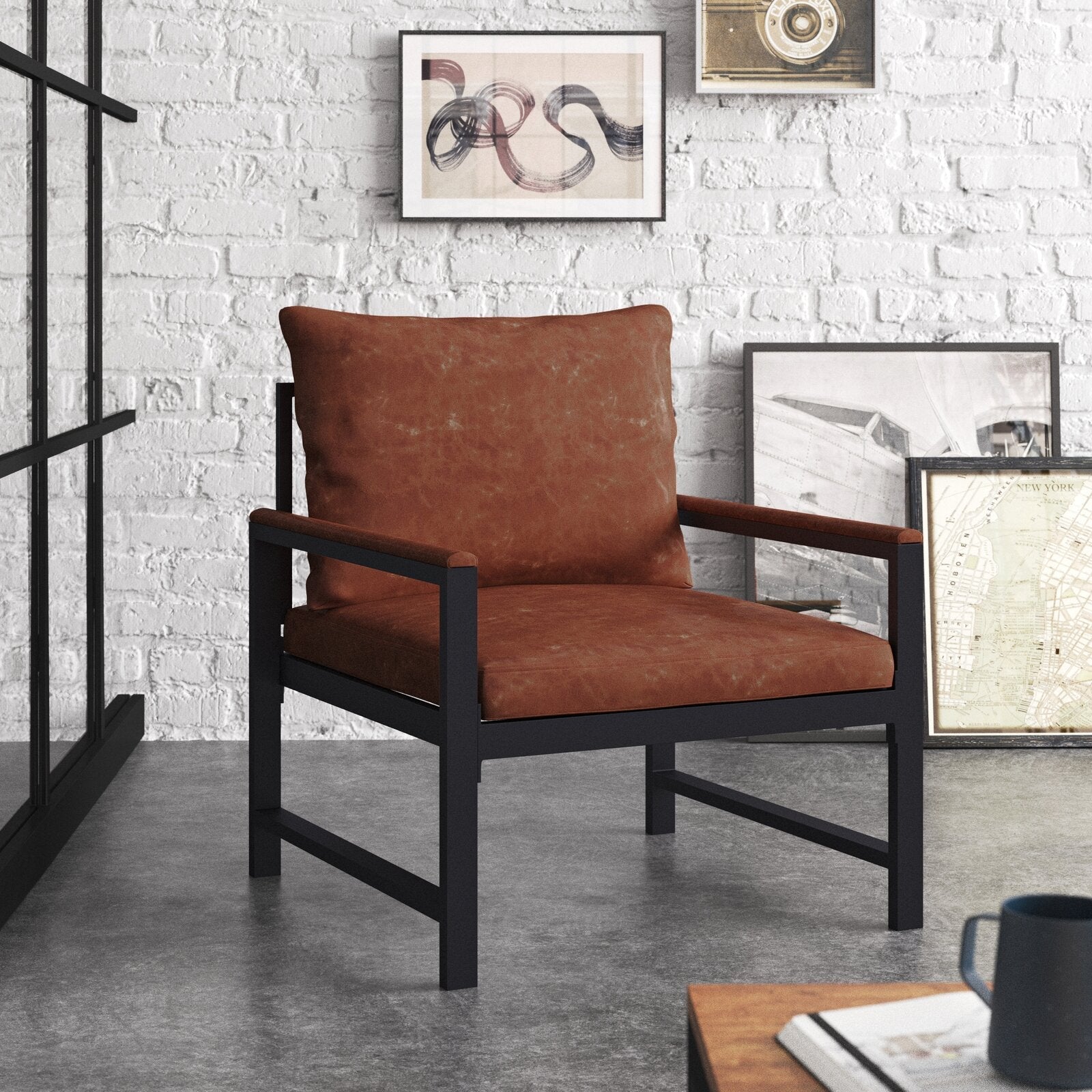 Modern Faux Leather Accent Chair with Black Powder Coated Metal Frame