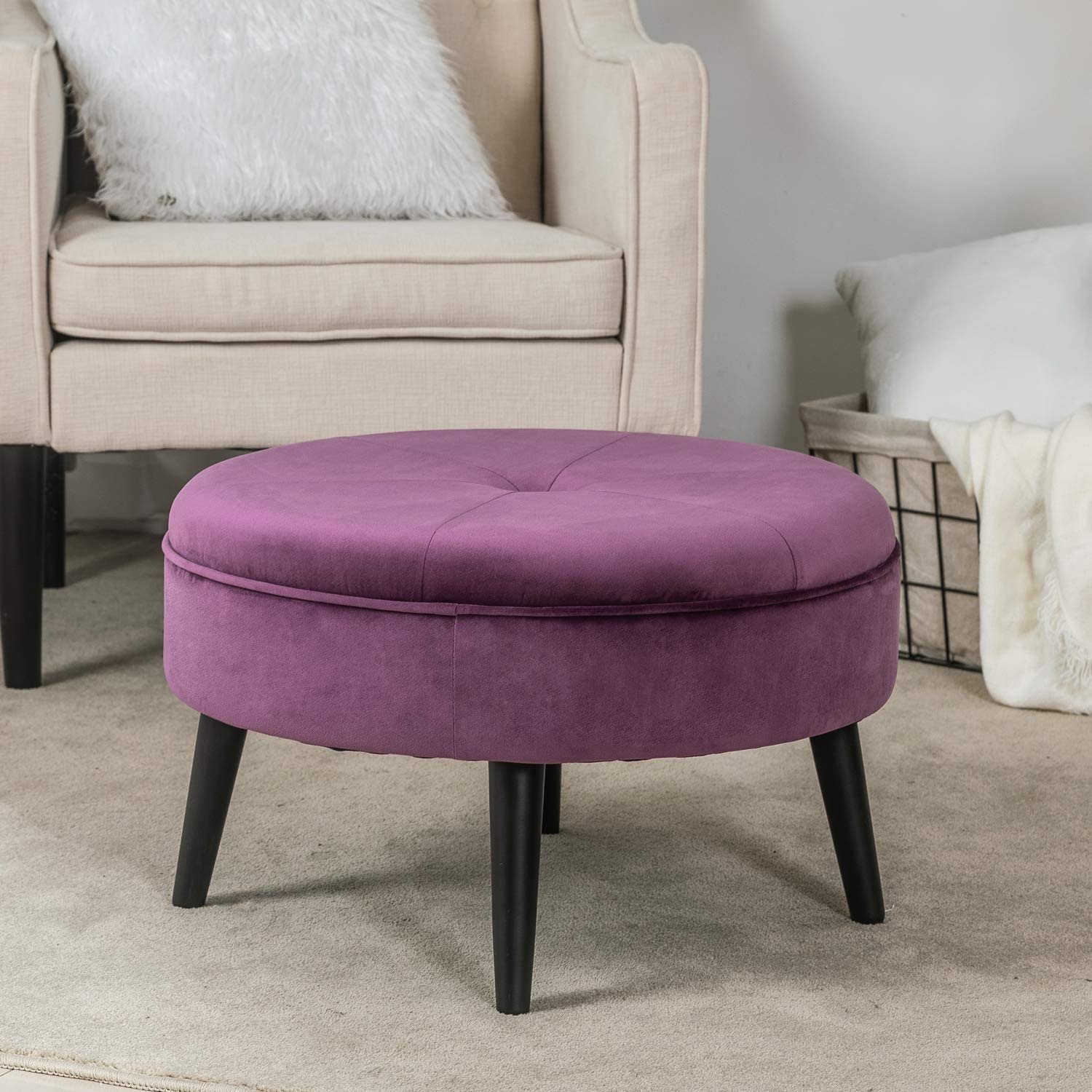 Solid Wooden Frame Legs Base Fabric Ottoman Footstool