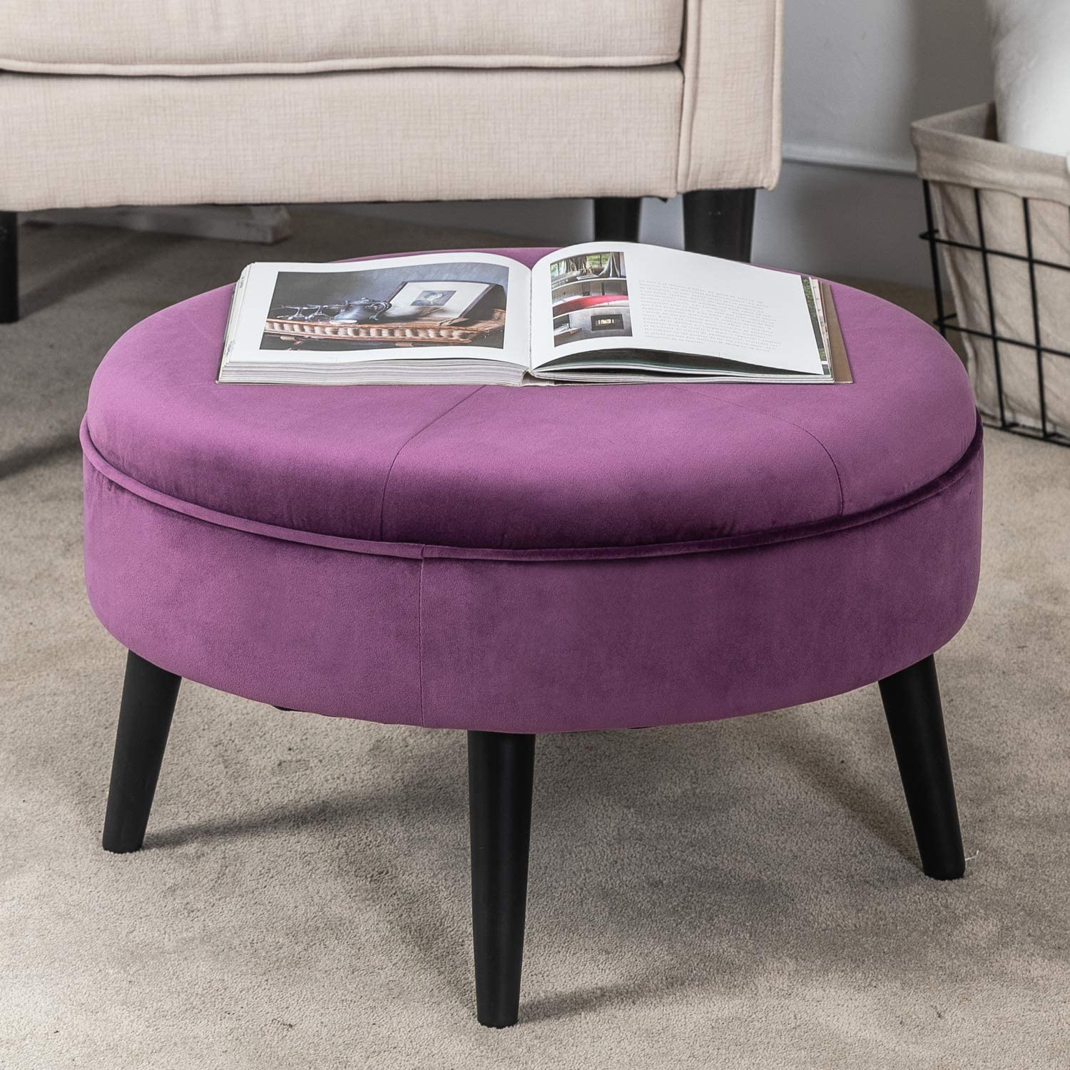 Solid Wooden Frame Legs Base Fabric Ottoman Footstool