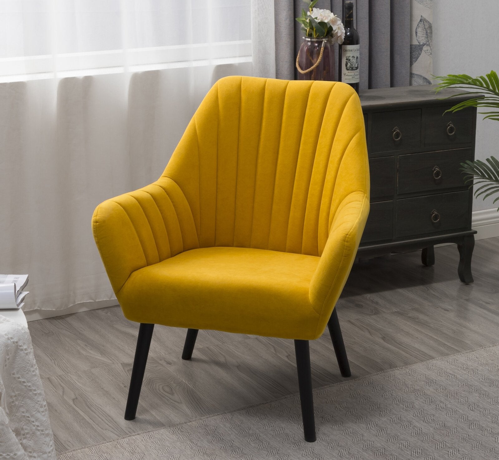 Yellow Lounge Chair with Wooden Legs in Velvet