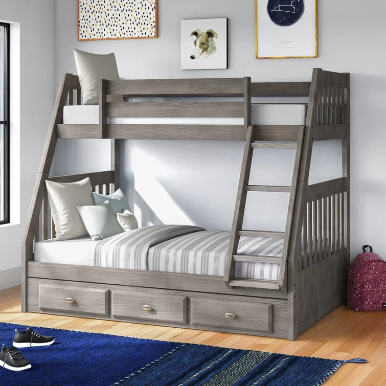 Classics Solid Pine Twin/Full Bunk Bed with Three Drawers in Charcoal