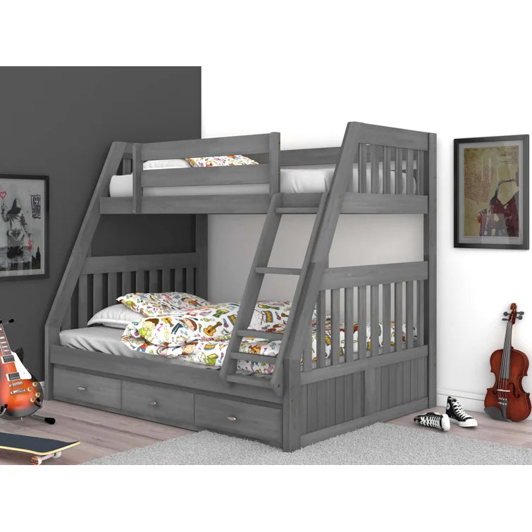 Classics Solid Pine Twin/Full Bunk Bed with Three Drawers in Charcoal