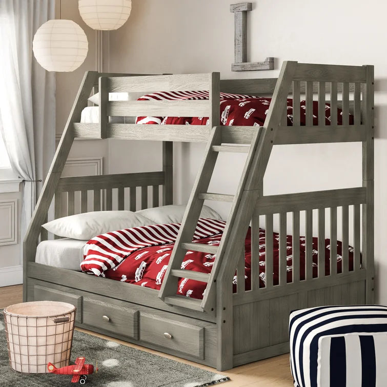 Classics Solid Pine Twin/Full Bunk Bed with Three Drawers in Charcoal