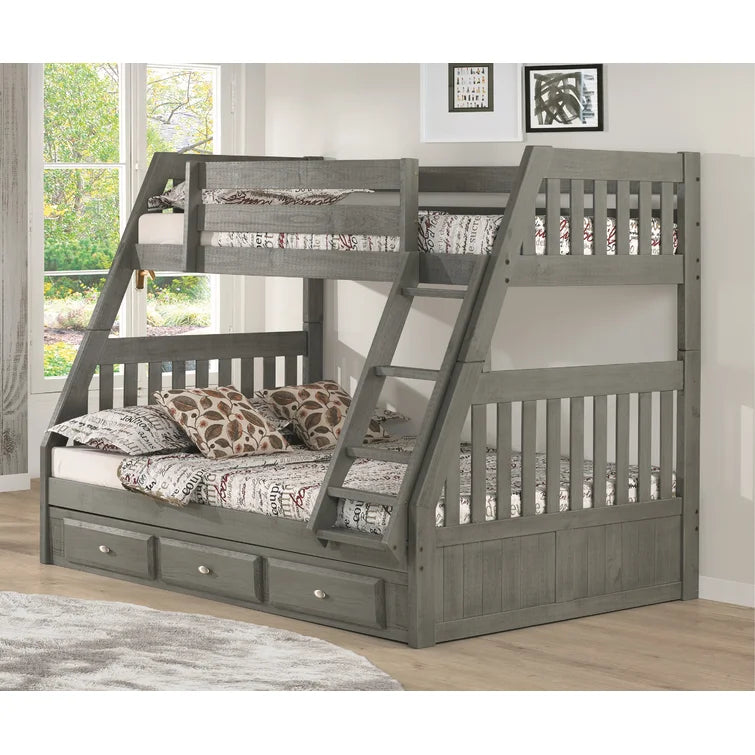 Classics Solid Pine Twin/Full Bunk Bed with Three Drawers in Charcoal