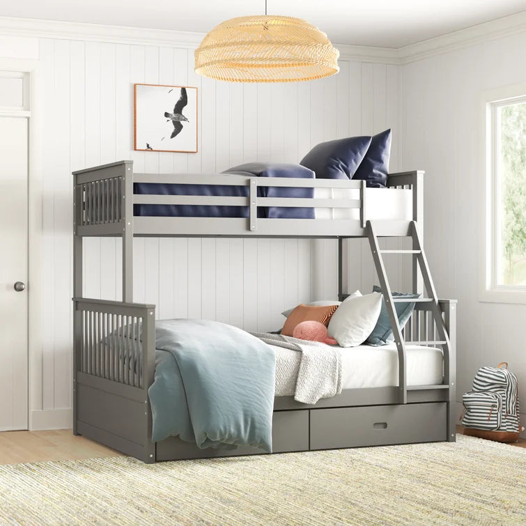 Twin Over Full Bunk Bed with 2 Storage Drawers and Ladders for Bedroom Dorm, solid Wood Bed Frame with Guard Rails