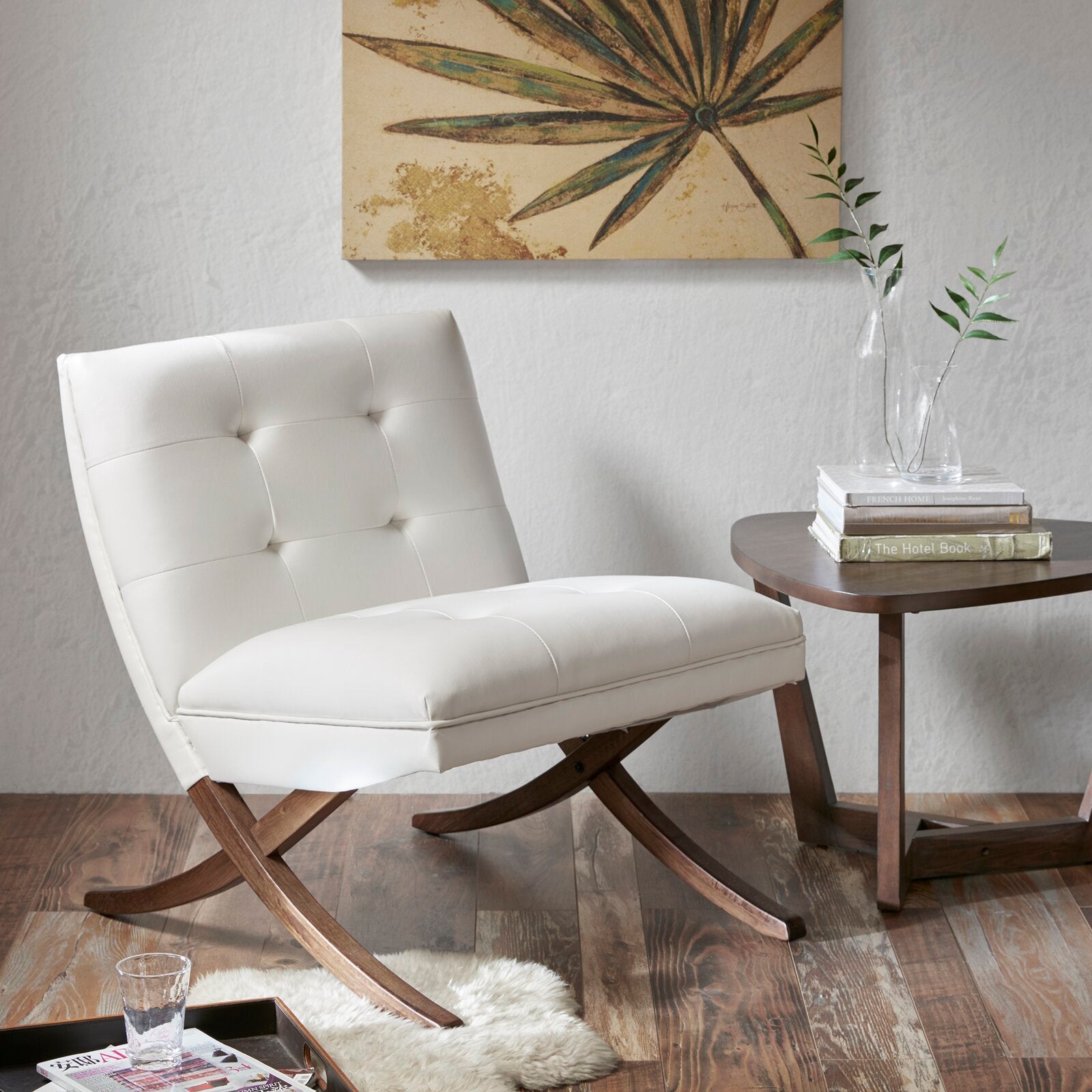 White Accent Chair-Armless Button-Tufted PU Leather