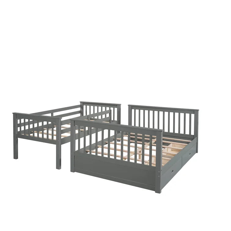 Twin Over Full Bunk Bed with 2 Storage Drawers and Ladders for Bedroom Dorm, solid Wood Bed Frame with Guard Rails