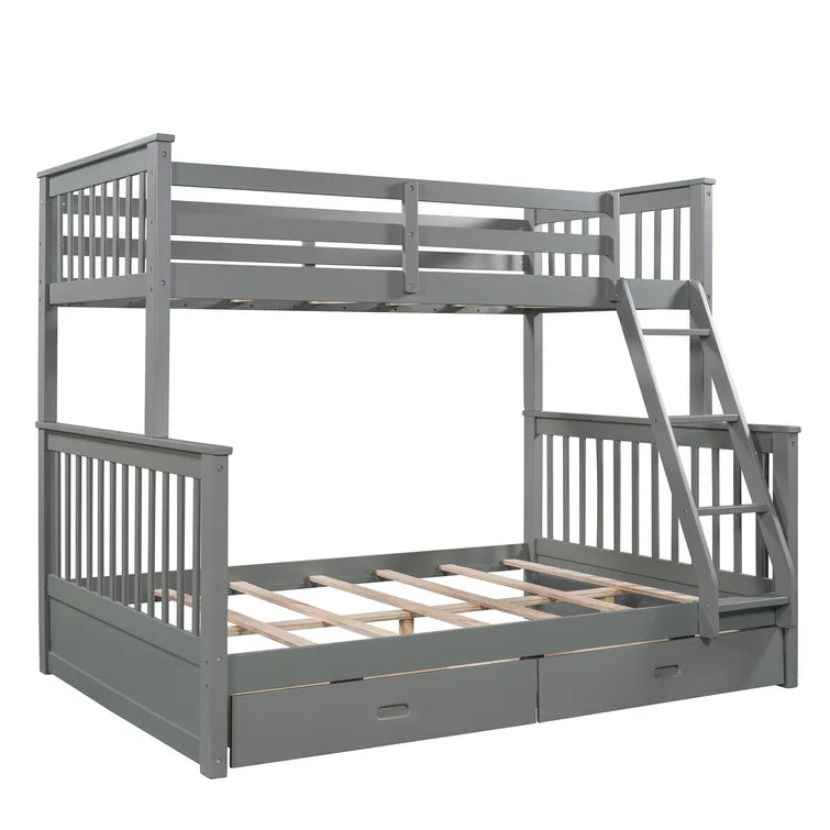 Twin Over Full Bunk Bed with 2 Storage Drawers and Ladders for Bedroom Dorm, solid Wood Bed Frame with Guard Rails