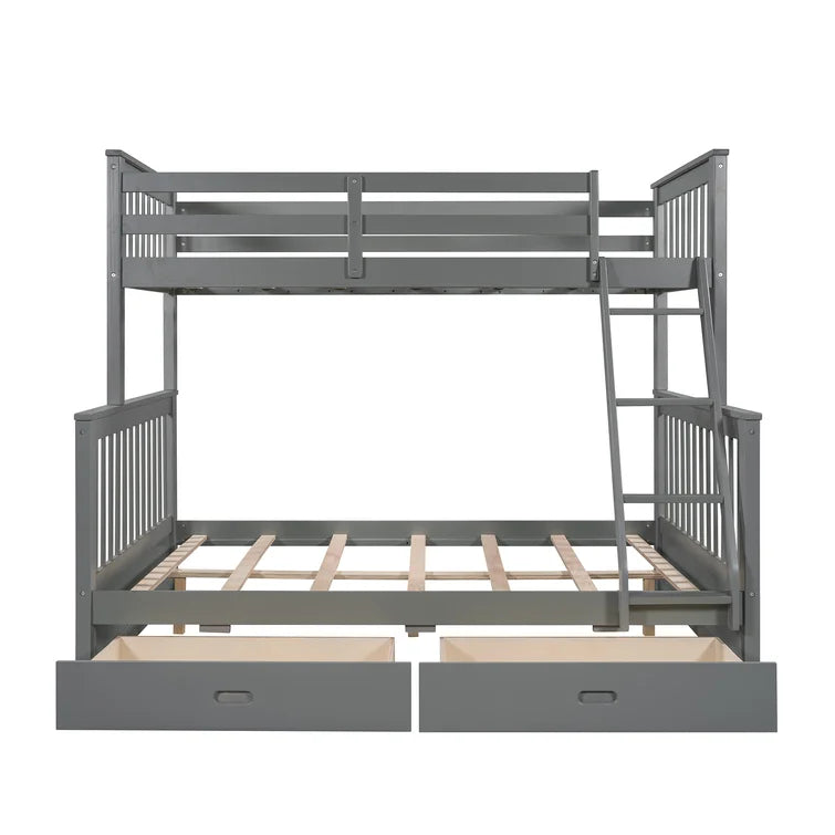 Twin Over Full Bunk Bed with 2 Storage Drawers and Ladders for Bedroom Dorm, solid Wood Bed Frame with Guard Rails