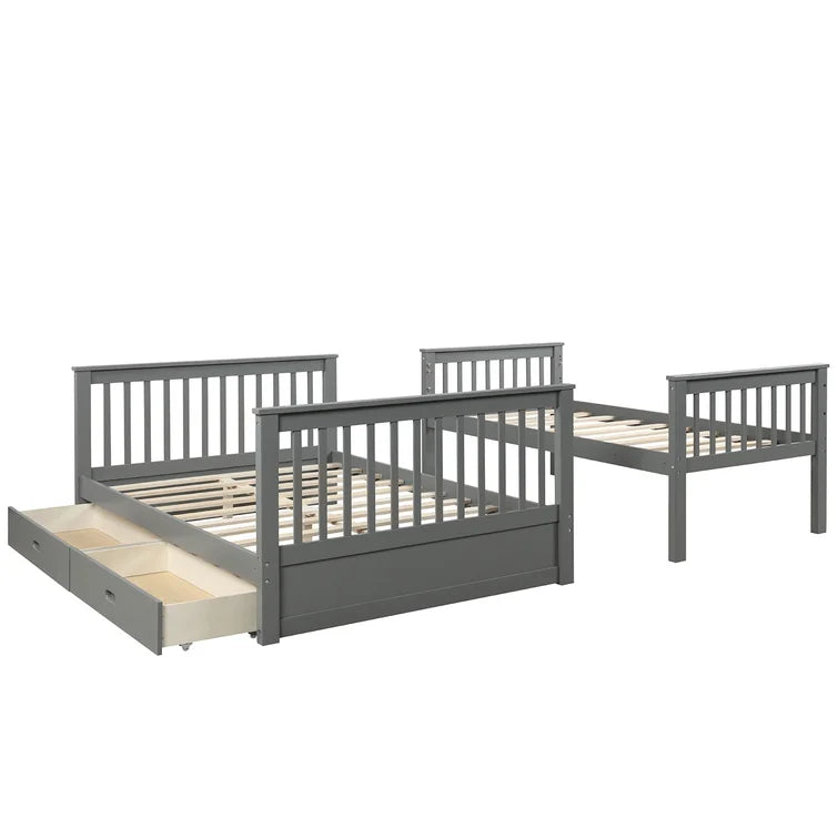 Twin Over Full Bunk Bed with 2 Storage Drawers and Ladders for Bedroom Dorm, solid Wood Bed Frame with Guard Rails