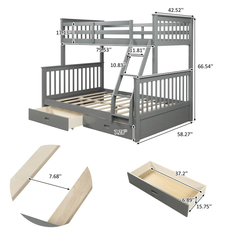 Twin Over Full Bunk Bed with 2 Storage Drawers and Ladders for Bedroom Dorm, solid Wood Bed Frame with Guard Rails