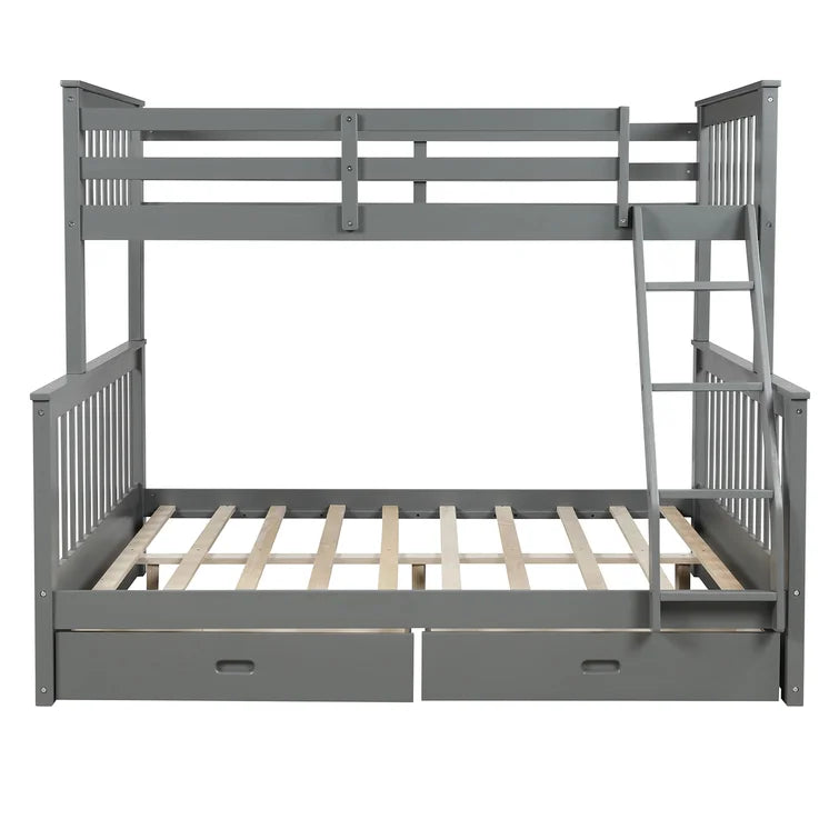 Twin Over Full Bunk Bed with 2 Storage Drawers and Ladders for Bedroom Dorm, solid Wood Bed Frame with Guard Rails