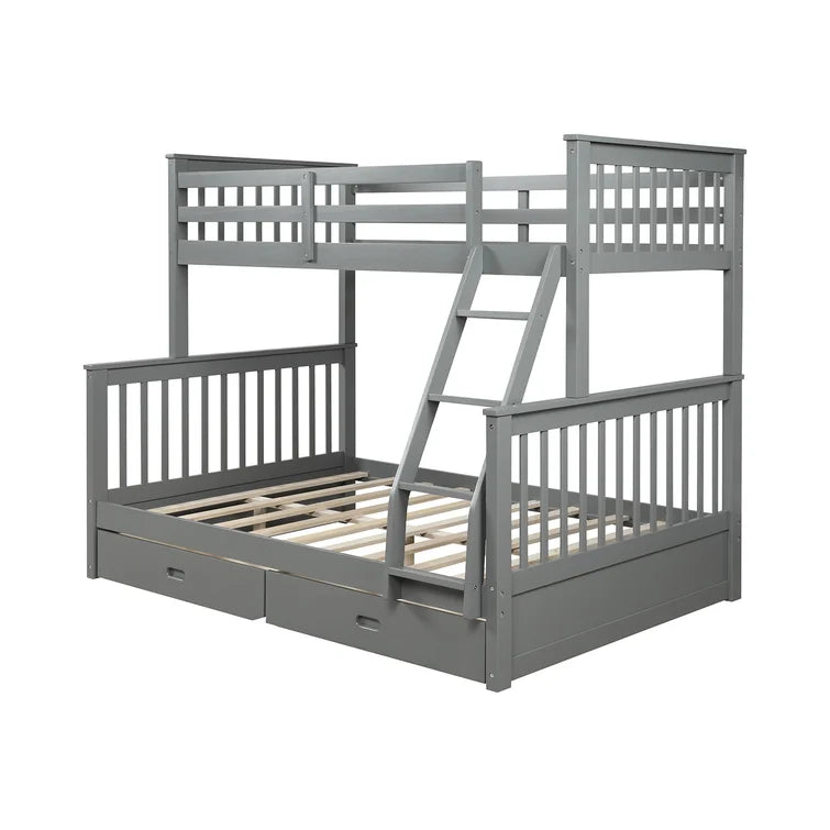 Twin Over Full Bunk Bed with 2 Storage Drawers and Ladders for Bedroom Dorm, solid Wood Bed Frame with Guard Rails