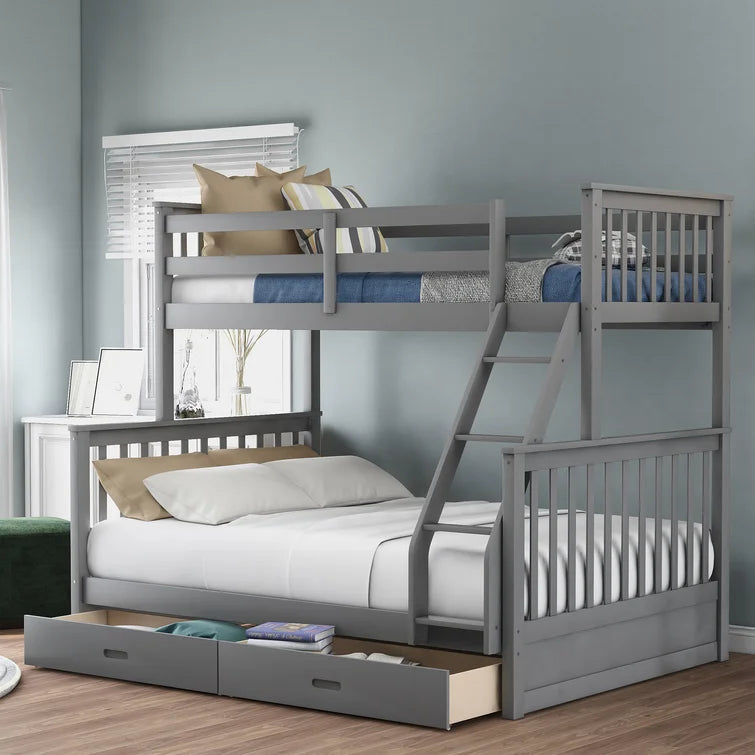 Twin Over Full Bunk Bed with 2 Storage Drawers and Ladders for Bedroom Dorm, solid Wood Bed Frame with Guard Rails