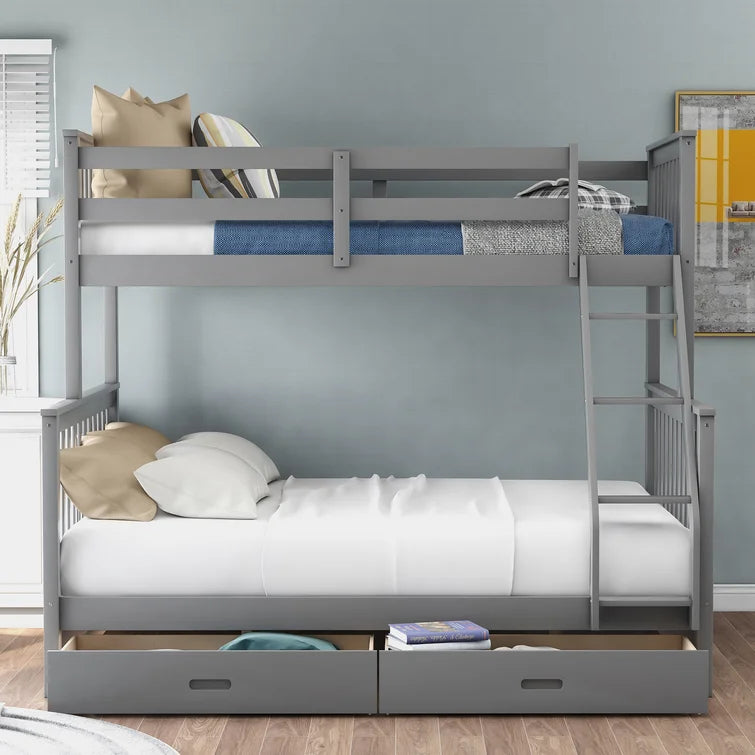 Twin Over Full Bunk Bed with 2 Storage Drawers and Ladders for Bedroom Dorm, solid Wood Bed Frame with Guard Rails