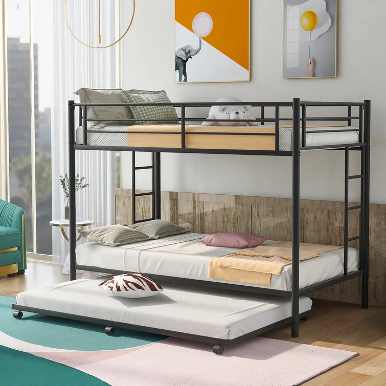 Twin Over Twin Metal Bunk Bed With Trundle Heavy Duty Twin Size Metal Bunk Beds Frame With 2 Side Ladders Convertible Bunkbed With Safety Guard Rails