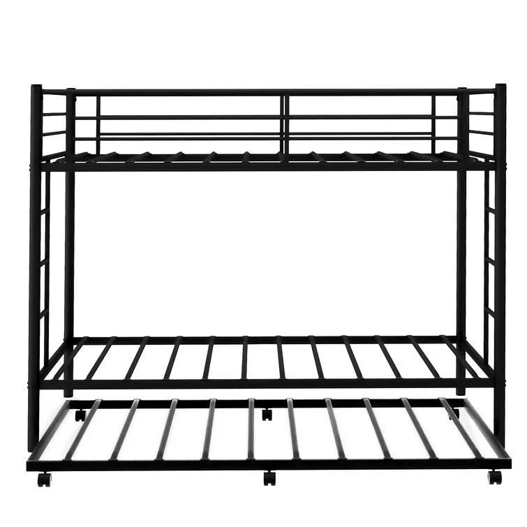 Twin Over Twin Metal Bunk Bed With Trundle Heavy Duty Twin Size Metal Bunk Beds Frame With 2 Side Ladders Convertible Bunkbed With Safety Guard Rails