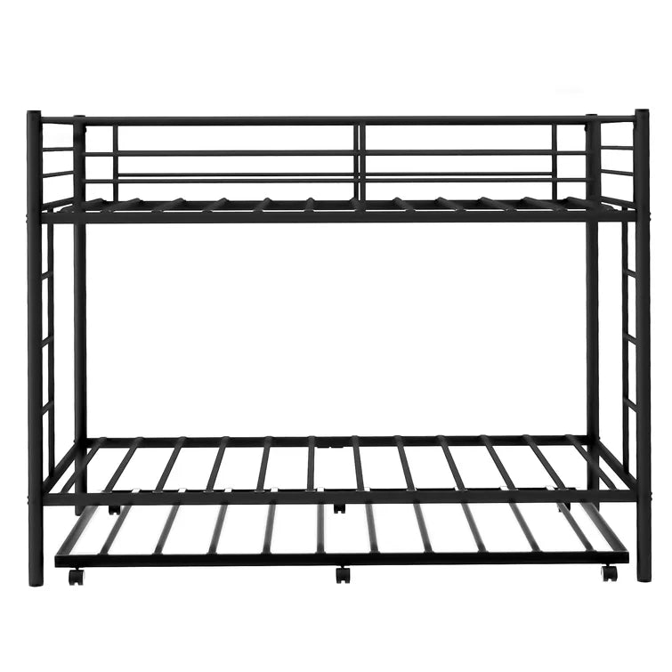 Twin Over Twin Metal Bunk Bed With Trundle Heavy Duty Twin Size Metal Bunk Beds Frame With 2 Side Ladders Convertible Bunkbed With Safety Guard Rails