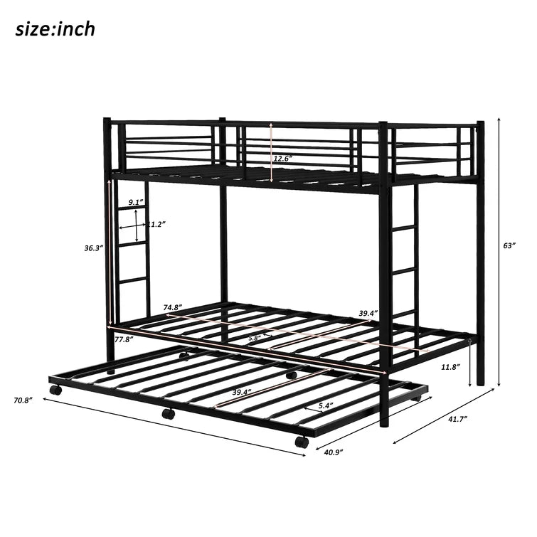 Twin Over Twin Metal Bunk Bed With Trundle Heavy Duty Twin Size Metal Bunk Beds Frame With 2 Side Ladders Convertible Bunkbed With Safety Guard Rails