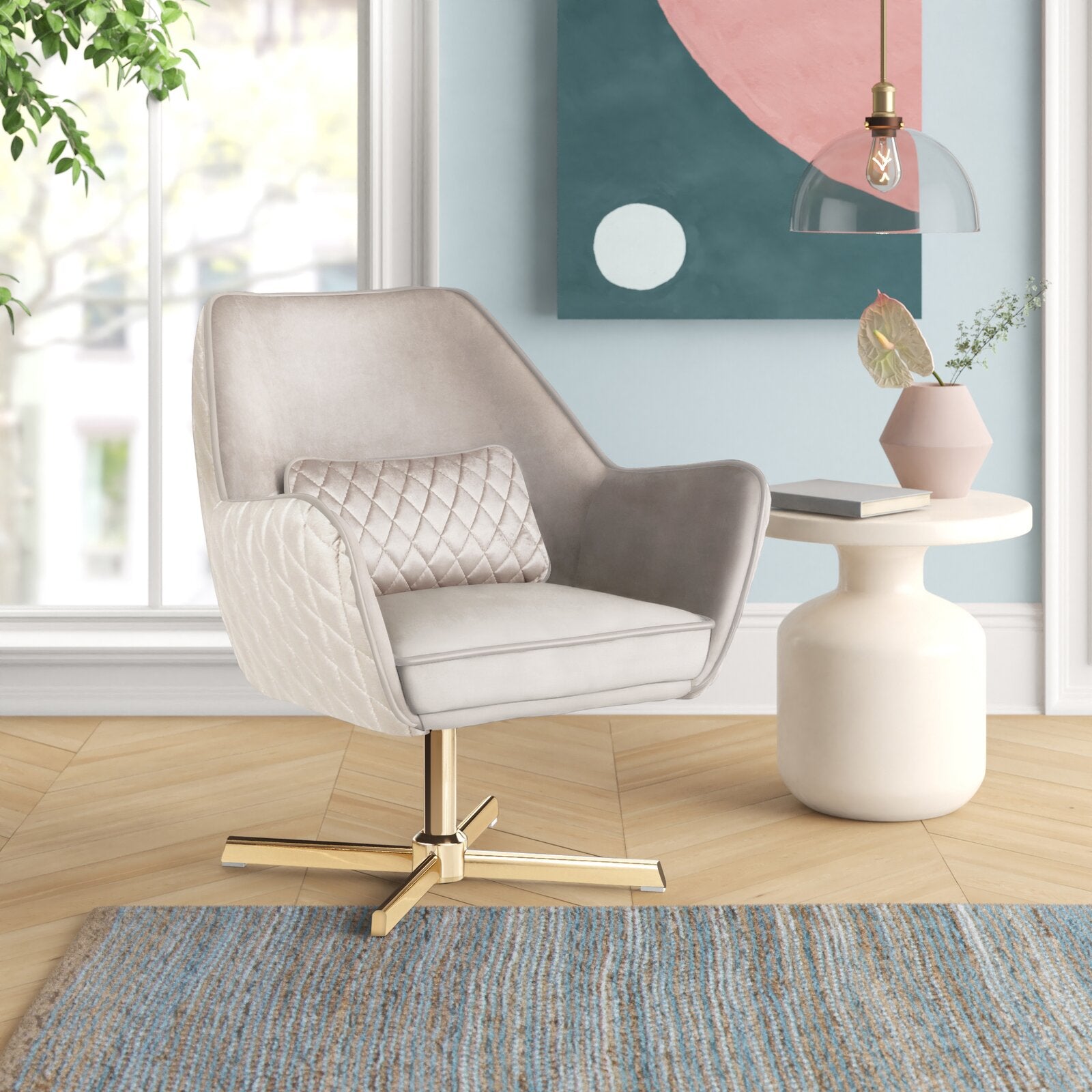 Velvet Swivel Accent Chair in Silver Base with Wheel